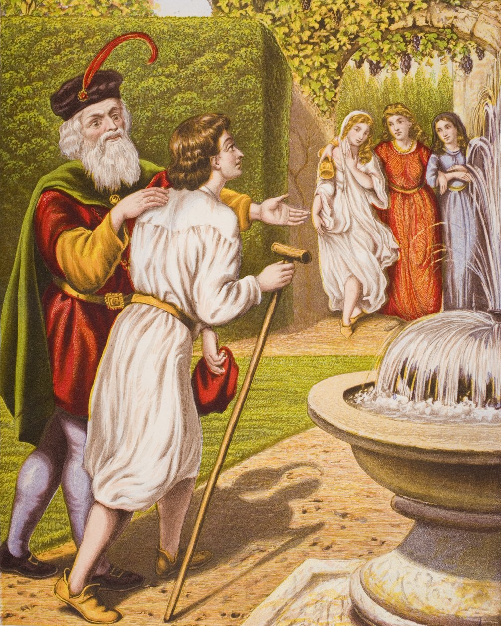 Carnal Security przedstawia swoją żonę i córki Czułe sumienie, ilustracja z „Wędrówki pielgrzyma” Johna Bunyana (1628-88) autorstwa English School