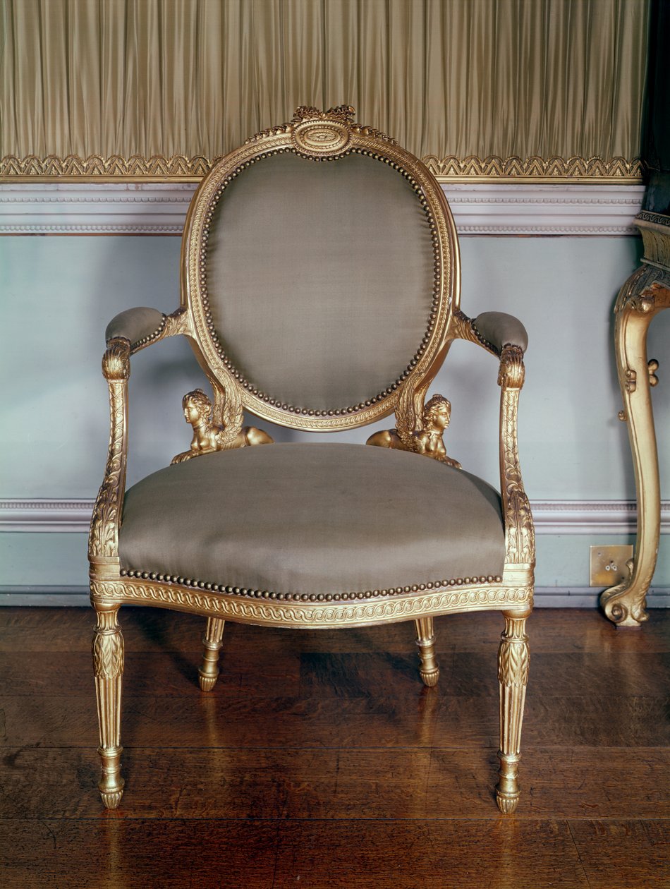 Rzeźbiony fotel z giloszowaną listwą; Projekt Adamsa dla krzesła do Sypialni w Osterley, 1777 (pozłacane drewno) autorstwa English School