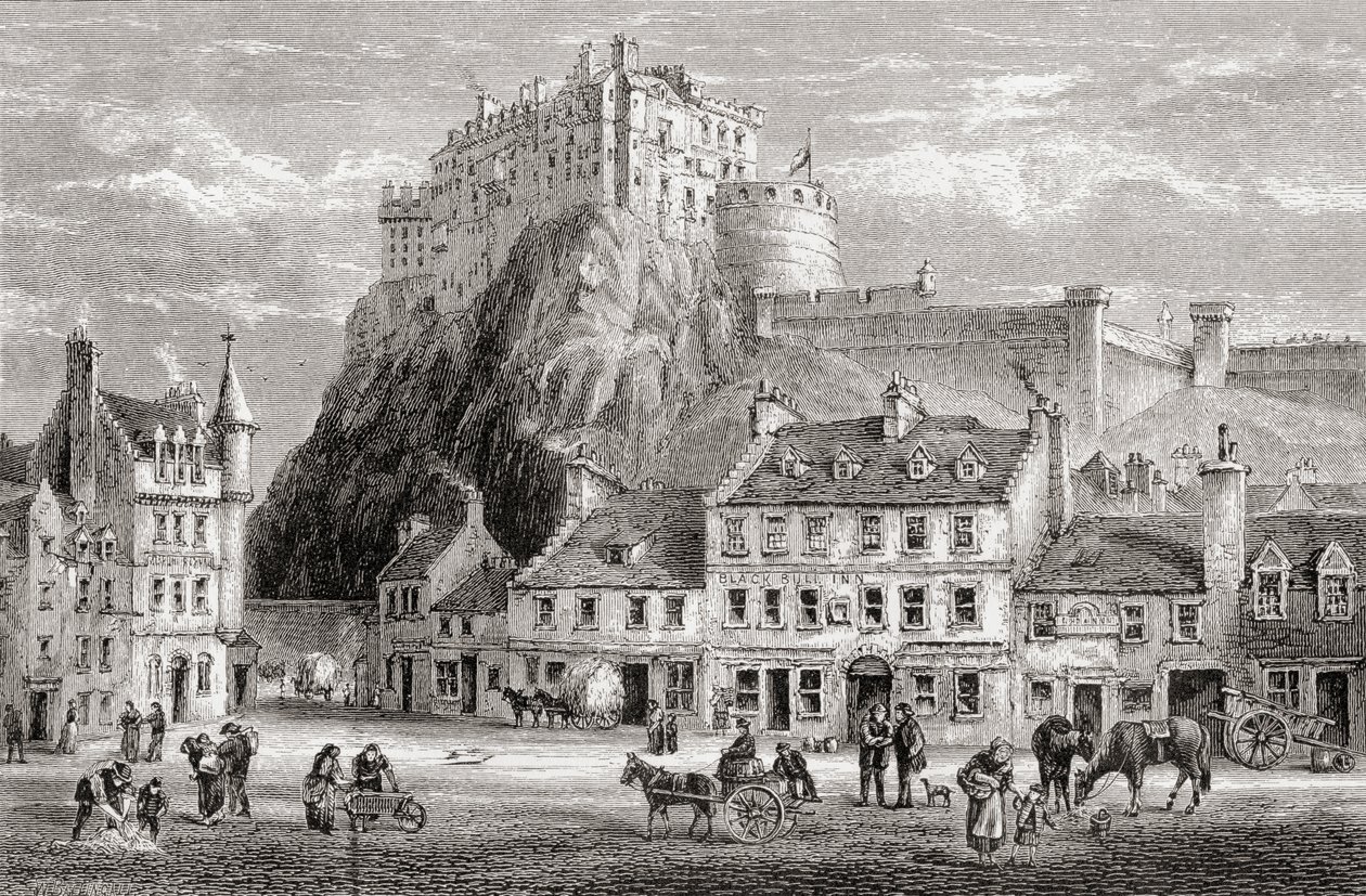 Castle and Grassmarket, Edynburg, Szkocja, ze „Scottish Pictures Drawn with Pen and Pencil” Samuela G. Greena, opublikowane w 1886 r. autorstwa English School