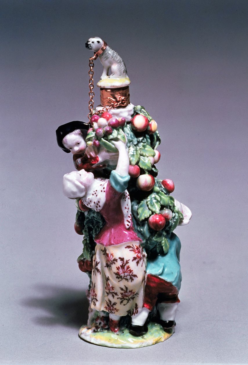 Butelka zapachowa Chelsea przedstawiająca matkę i dzieci zbierające owoce, okres Złotej Kotwicy, 1758-69 (porcelana) autorstwa English School