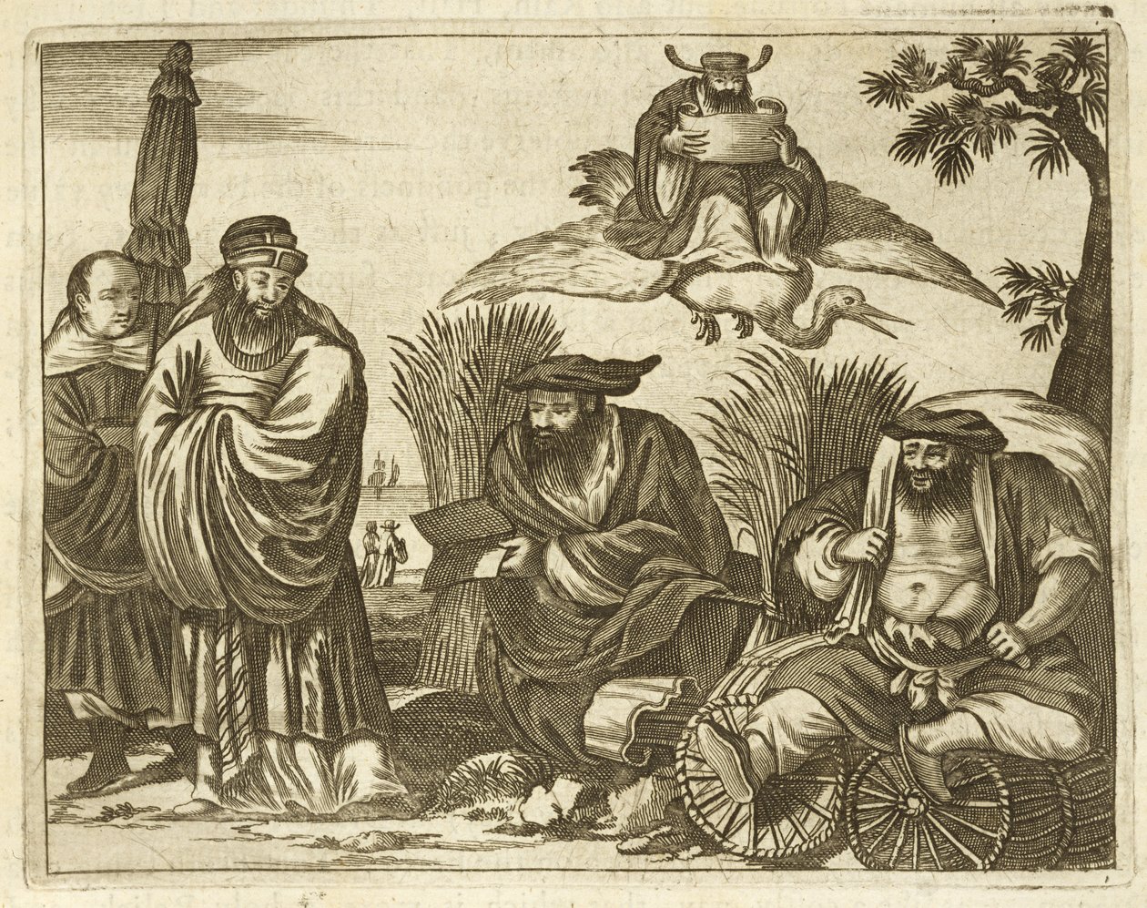 Chińscy kupcy konsultują się z wróżbitami, aby zapewnić bezpieczną podróż, ilustracja z opisu ambasad w Chinach, 1690 autorstwa English School