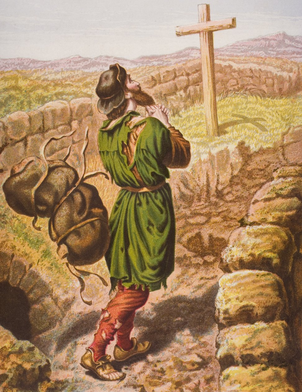 Christian traci swój ciężar pod krzyżem, ilustracja z „Wędrówki pielgrzyma” Johna Bunyana (1628-88) autorstwa English School