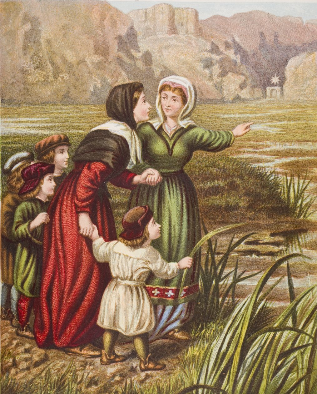 Christiana and Mercy at the Slough of Despond, ilustracja z „Wędrówki pielgrzyma” Johna Bunyana (1628-88) autorstwa English School