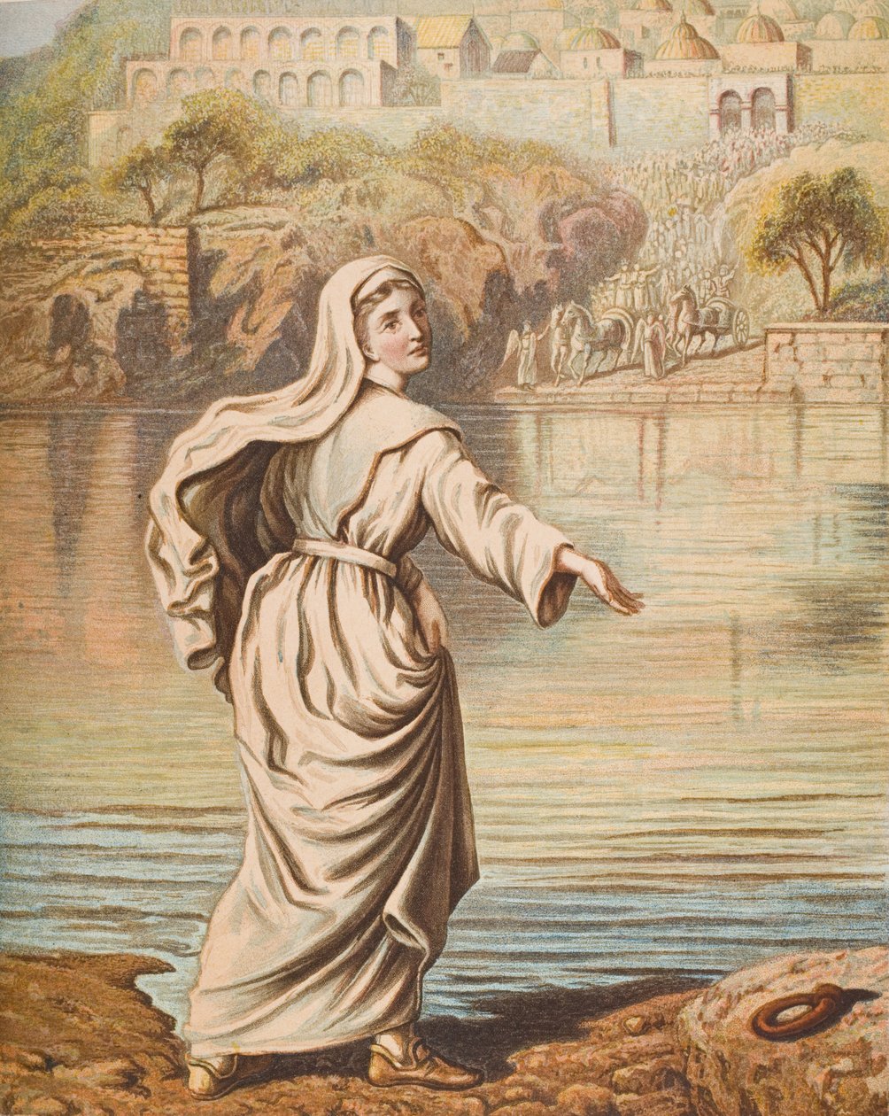 Christiana wchodząca do rzeki, ilustracja z „Wędrówki pielgrzyma” Johna Bunyana (1628-88) autorstwa English School