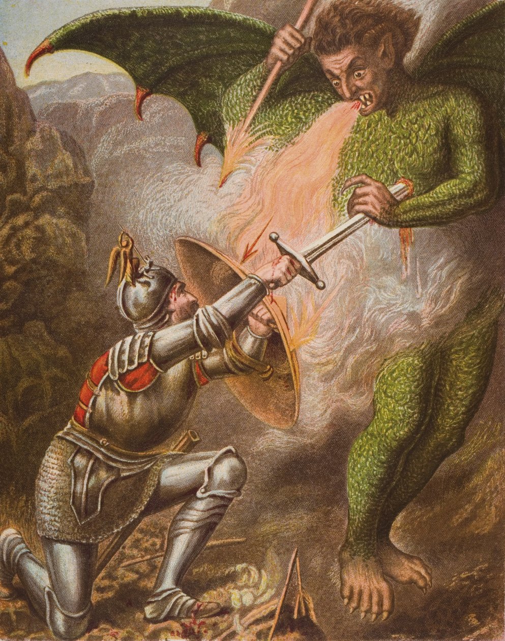 Konflikt Christiana z Apollyonem, ilustracja z „Wędrówki pielgrzyma” Johna Bunyana (1628-88) autorstwa English School