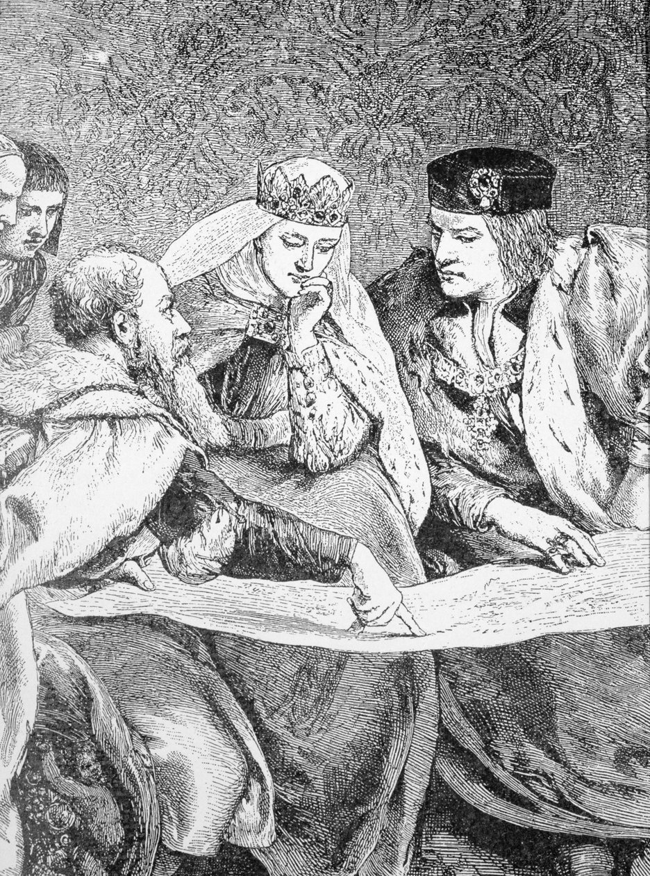 Krzysztof Kolumb (1451-1506) opisuje swoją podróż do obu Ameryk królowi Ferdynandowi II (1452-1516) i królowej Izabeli (1451-1504) autorstwa English School