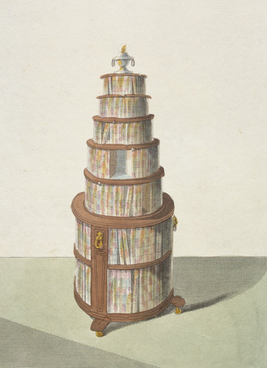 Okrągły regał ruchomy, płyta 13 z Repozytorium Sztuki, Literatury, Handlu, Manufaktur, Mody i Polityki Ackermannsa, wyd. 1810 autorstwa English School