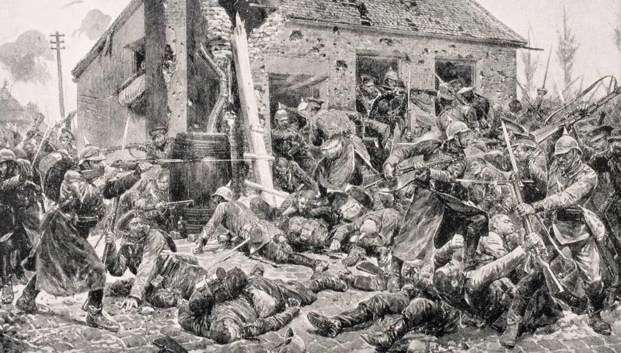 Akcja Coldstream Guards, Landrecies, 24 sierpnia 1914, z „The War Illustrated Album deLuxe”, wydanej w Londynie, 1916 autorstwa English School