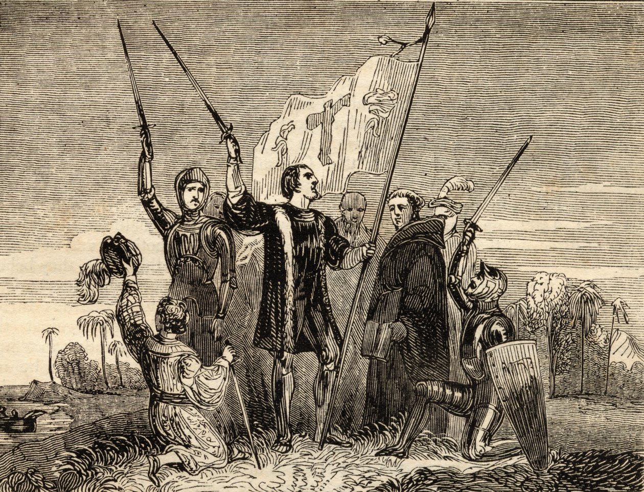 Columbus (1451-1506) Biorąc posiadanie, ilustracja z „Opowieści o podróżnikach lub widok na świat”, opublikowana w 1838 r. autorstwa English School