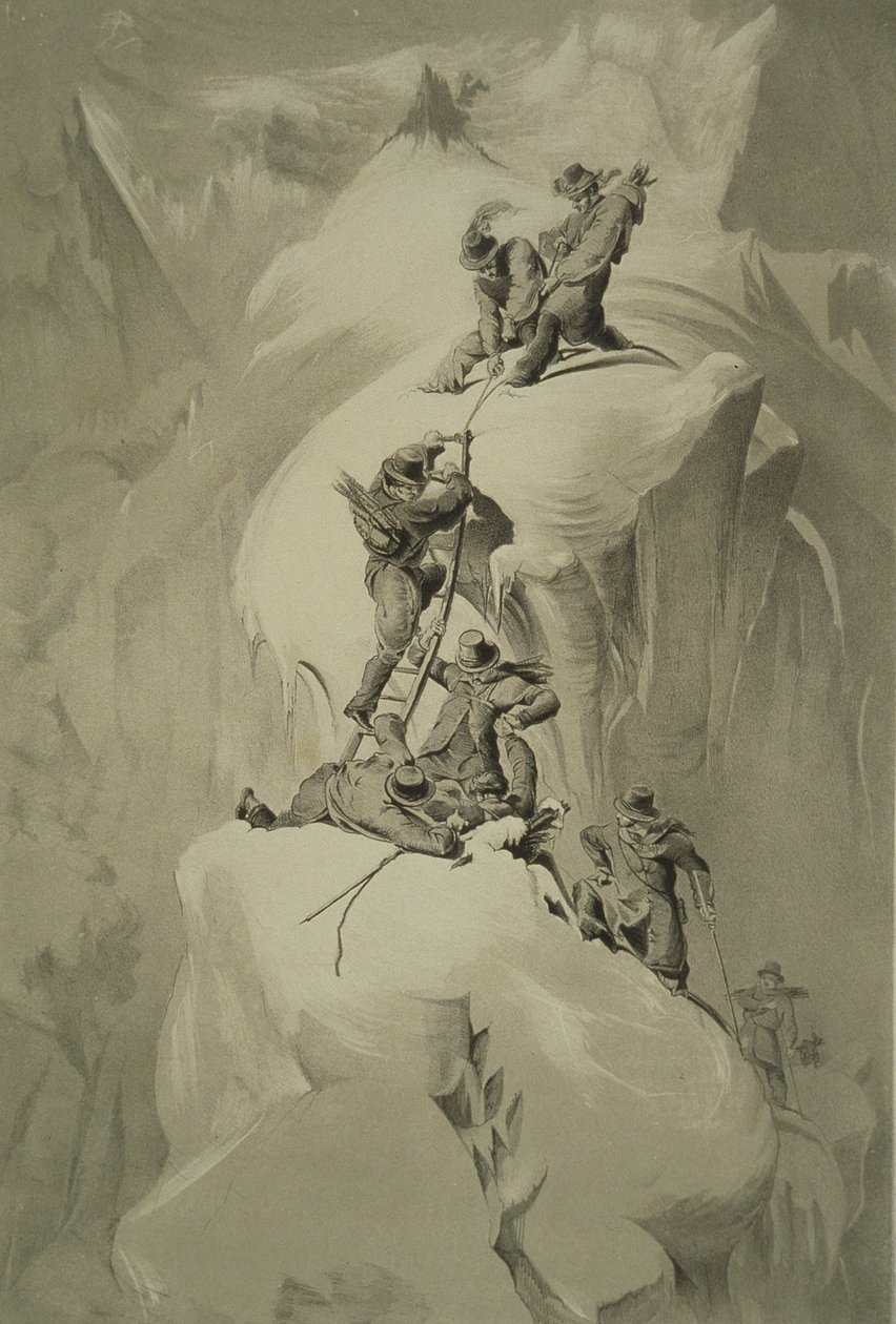 Przekraczanie szczeliny, z dziesięciu scen z ostatniego wejścia na Mont Blanc, w tym pięć widoków ze szczytu, autorstwa J.D.H. Browne, opublikowany 1853 autorstwa English School