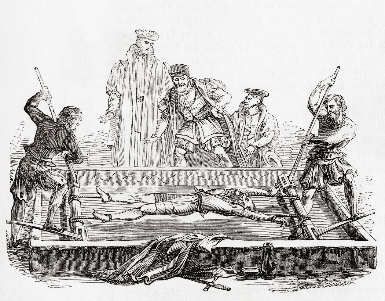 Cuthbert Simpson, także Symson, Simson lub Symion, torturowany na stojaku w Tower of London podczas prześladowań maryjnych, 1558, ze Starej Anglii: A Pictorial Museum, wyd. 1847 autorstwa English School