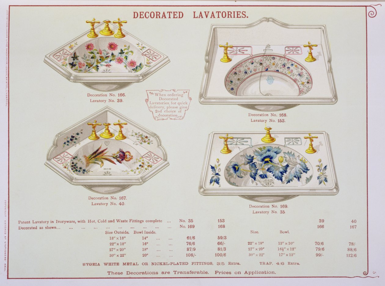 Zdobione toalety z katalogu wyrobów sanitarnych wyprodukowanych przez Morrison, Ingram & Co., Manchester, opublikowanego ok. 1890 r. autorstwa English School