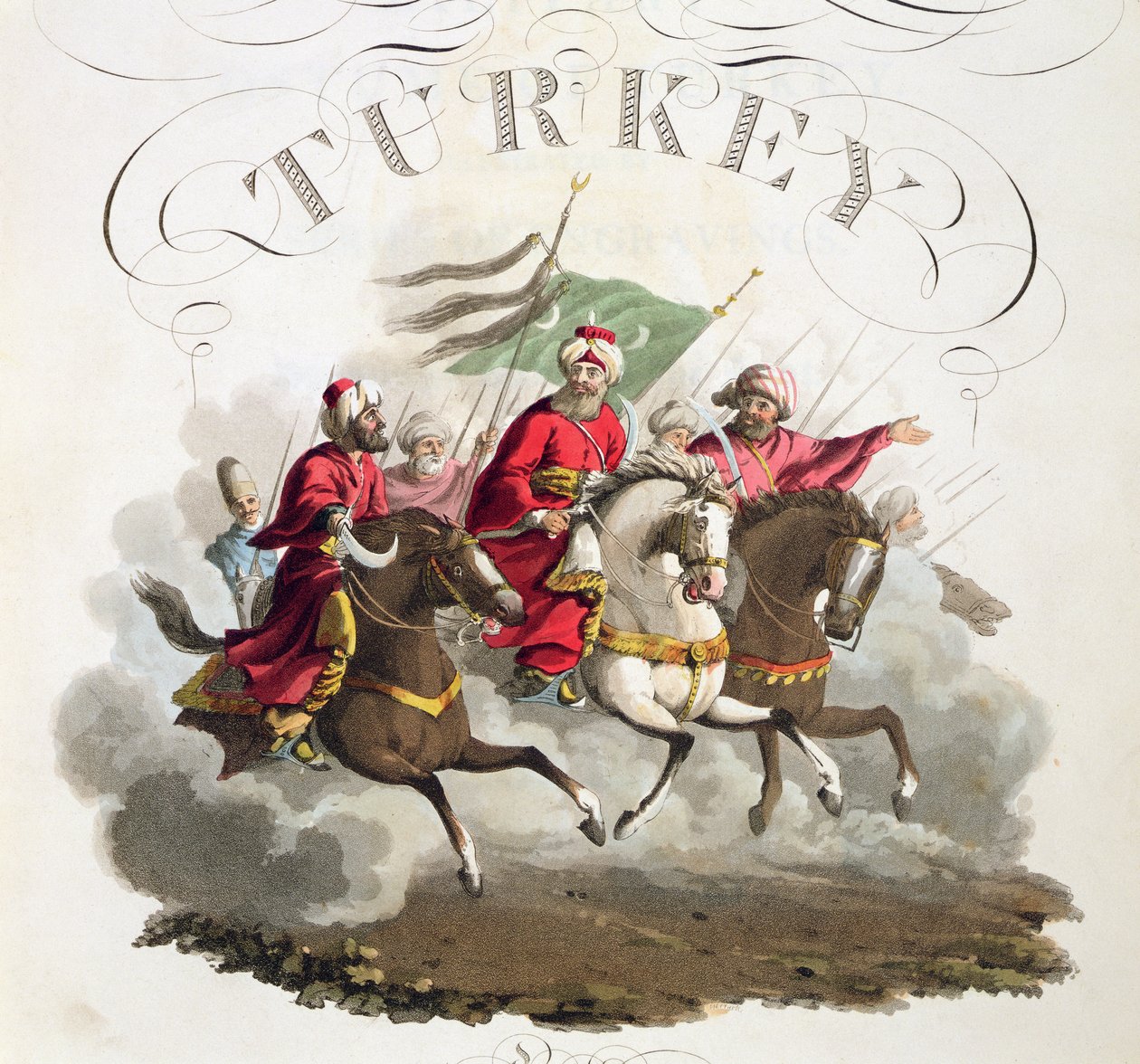 Fragment strony tytułowej, z Stroje różnych narodów, tom VII, Strój wojskowy Turcji, Thomas MacLean, wydana ok. 1800-18 (akwatinta ręcznie kolorowana) autorstwa English School