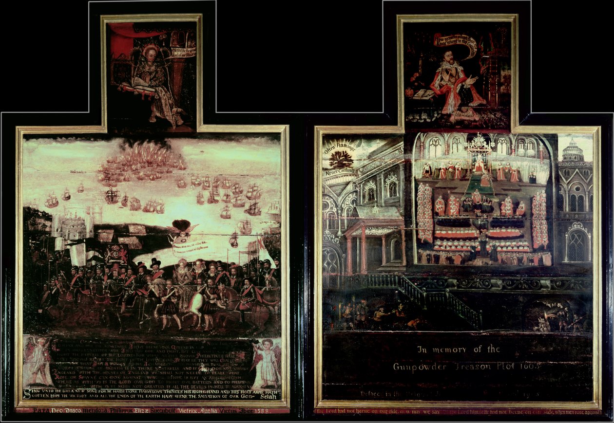 Dyptyk przedstawiający przybycie królowej Elżbiety I (1530-1603) do Tilbury, klęskę hiszpańskiej Armady i spisek prochowy autorstwa English School