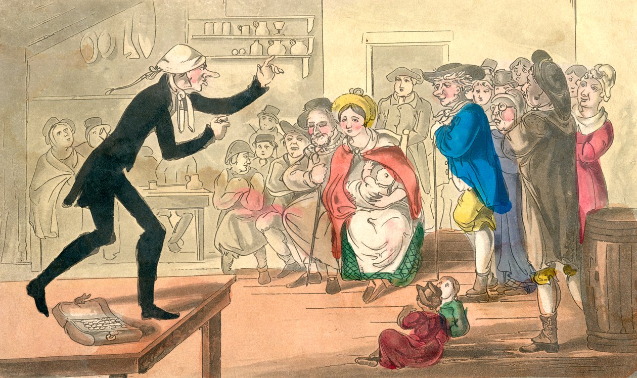 Dr Comicus sprzedaje swoje pigułki, z Przygody doktora Comicusa lub Frolicks of Fortune, opublikowany ok. 1815 r. (akwatinta ręcznie kolorowana) autorstwa English School