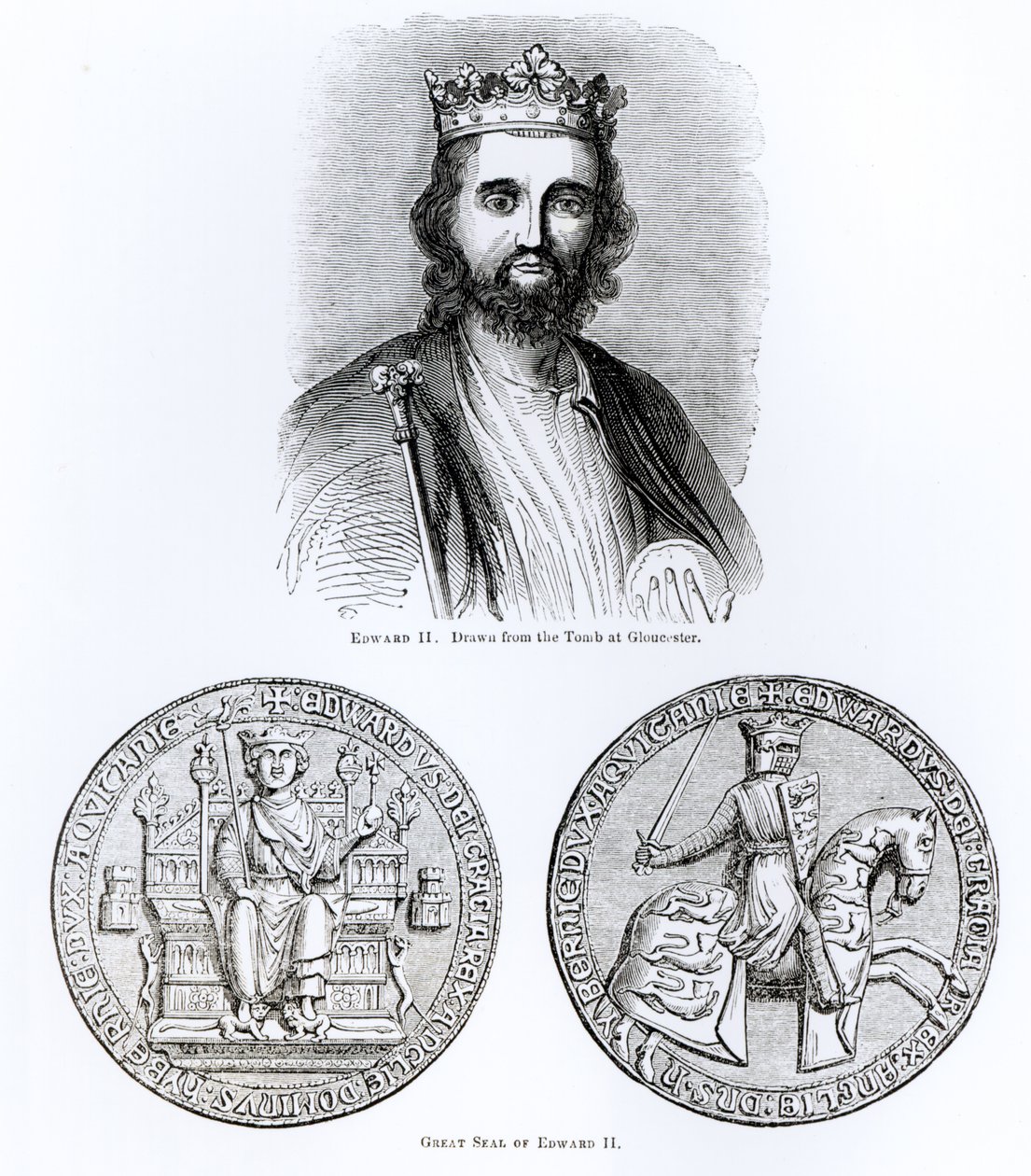 Edward II (1284-1327) wydobyty z grobowca w Gloucester i Wielka Pieczęć autorstwa English School