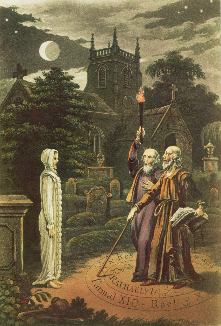 Edward Kelly (ur. 1555) magik, a jego partner matematyk i astrolog John Dee (1527-1608) wskrzeszający ducha (ręcznie kolorowana grawerunek) autorstwa English School
