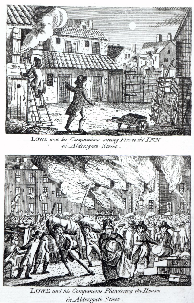 Edward Lowe i jego towarzysze podpalili karczmę przy Aldersgate Street i splądrowali domy, 16 maja 1790 autorstwa English School
