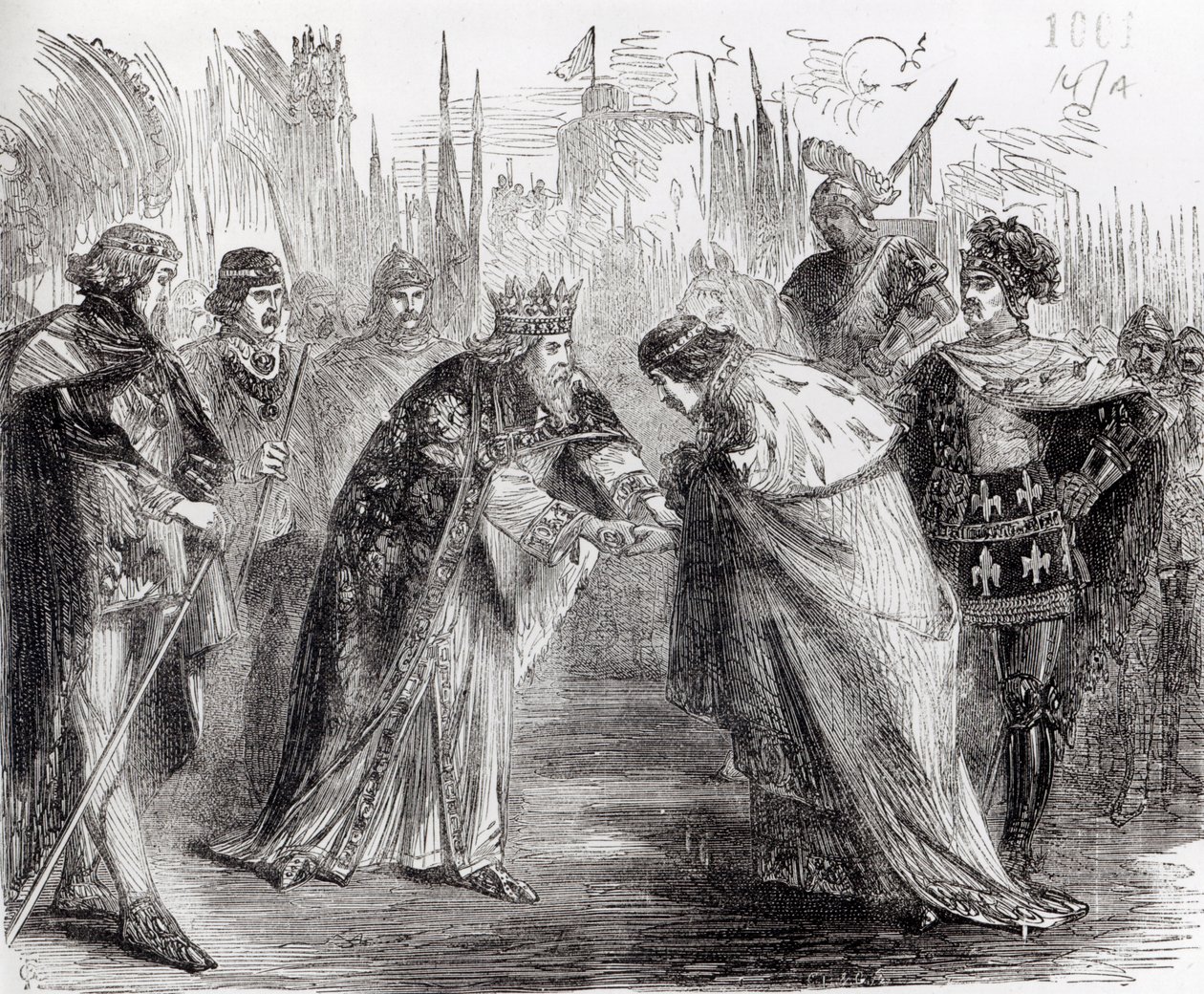 Edward Czarny Książę (1330-76) przedstawiający króla Francji Jana II (1319-64) swojemu ojcu, Edwardowi III (1312-77) autorstwa English School