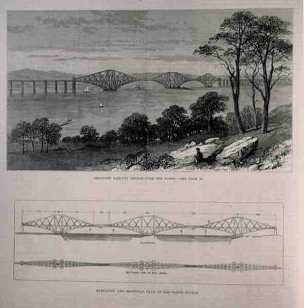 Elewacja i plan przekrojowy mostu Forth Bridge, Edynburg, z The Illustrated London News, 28 stycznia 1882 r. autorstwa English School