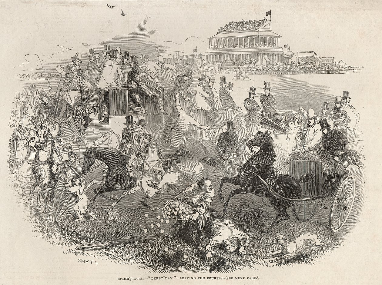 Wyścigi w Epsom, "Dzień Derby": Opuszczanie toru, z "The Illustrated London News", 31 maja 1845 r. autorstwa English School