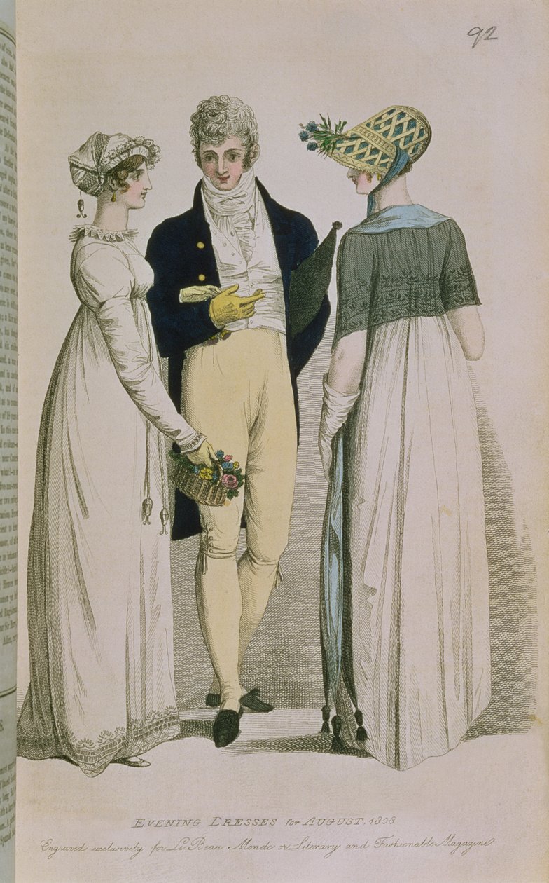 Suknie wieczorowe na sierpień 1808, ilustracja z „Le Beau Monde or, Literary and Fashionable Magazine”, 1808 autorstwa English School