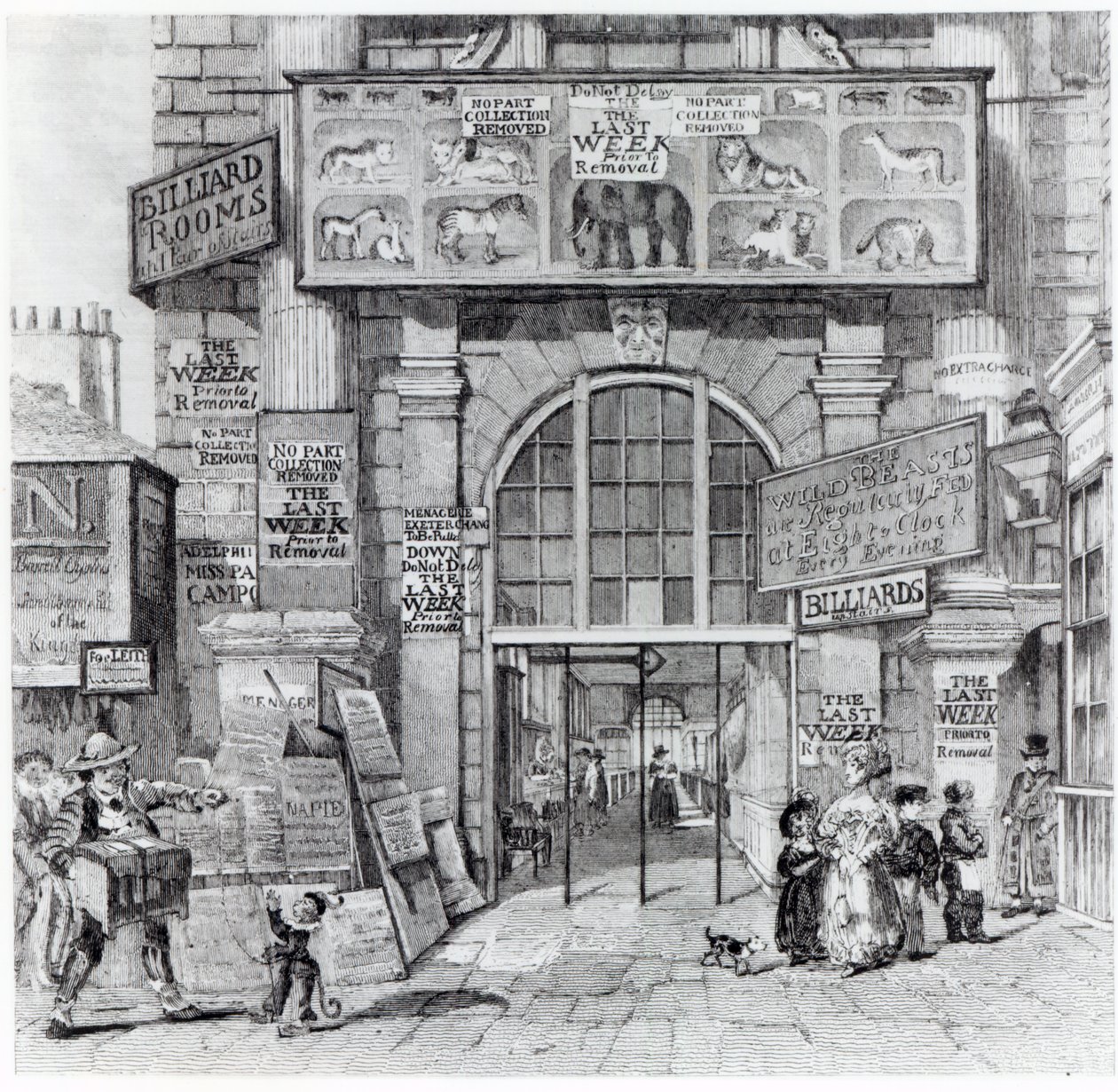Exeter Change pokazujący wejście do Królewskiej Wielkiej Narodowej Menażerii Edwarda Krzyża, c.1829 autorstwa English School