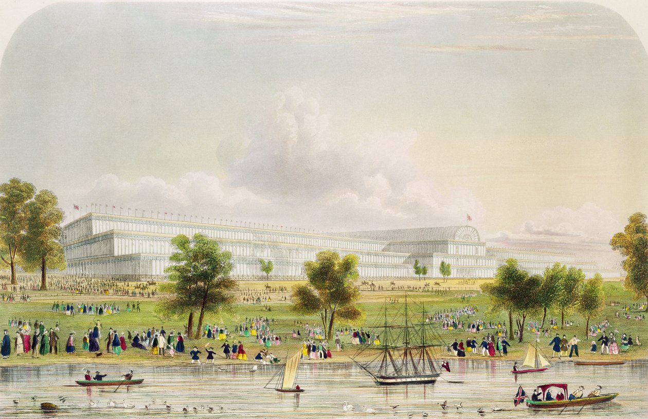 Widok z zewnątrz Wielkiej Wystawy Wszystkich Narodów, od strony Serpentine, wyd. Reed and Co. 1851 (druk) autorstwa English School