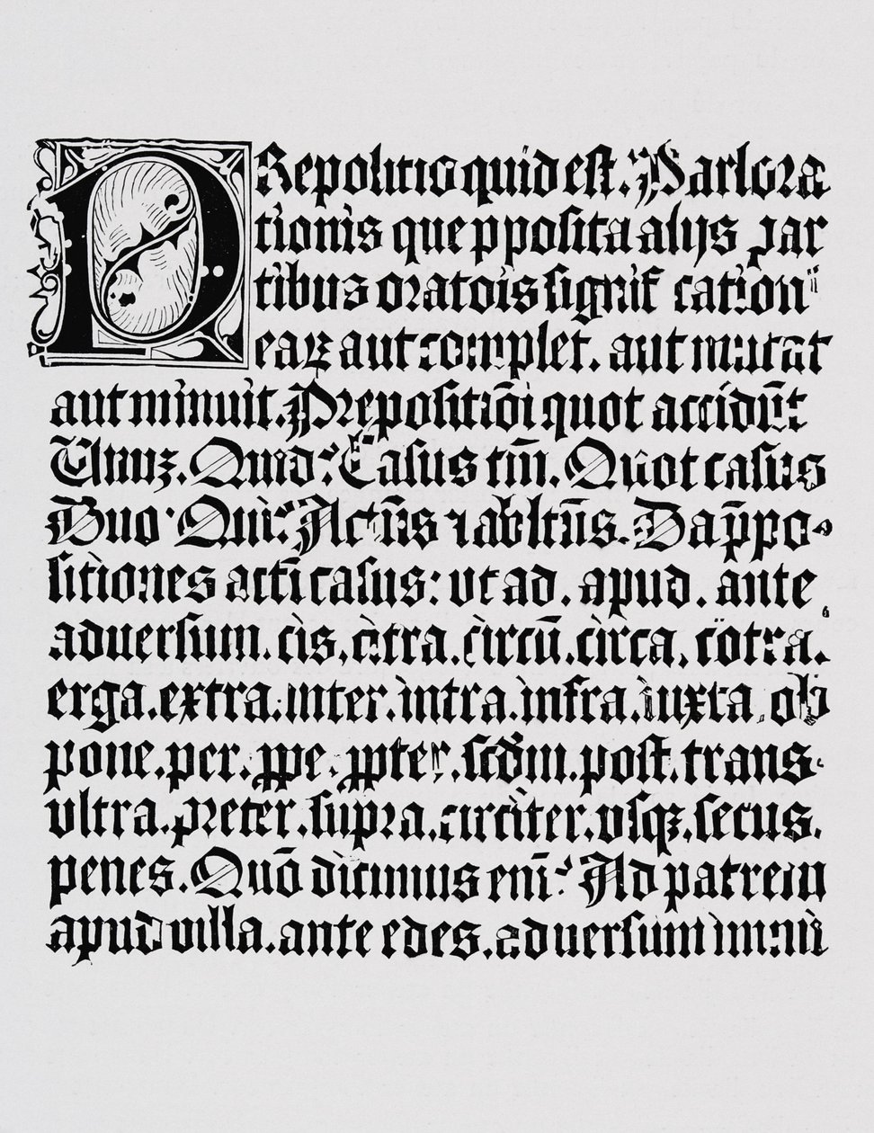 Faksymile strony ksylografii lub drzeworytu o przyimku, z gramatyki wydrukowanej przez Johanna Fusta i Johannesa Gutenberga, Moguncja, ok. 1450 autorstwa English School