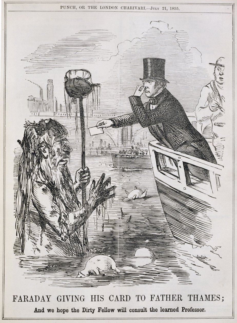 Faraday wręcza swoją kartę ojcu Tamizie, z „Punch”, 21 lipca 1855 r. autorstwa English School