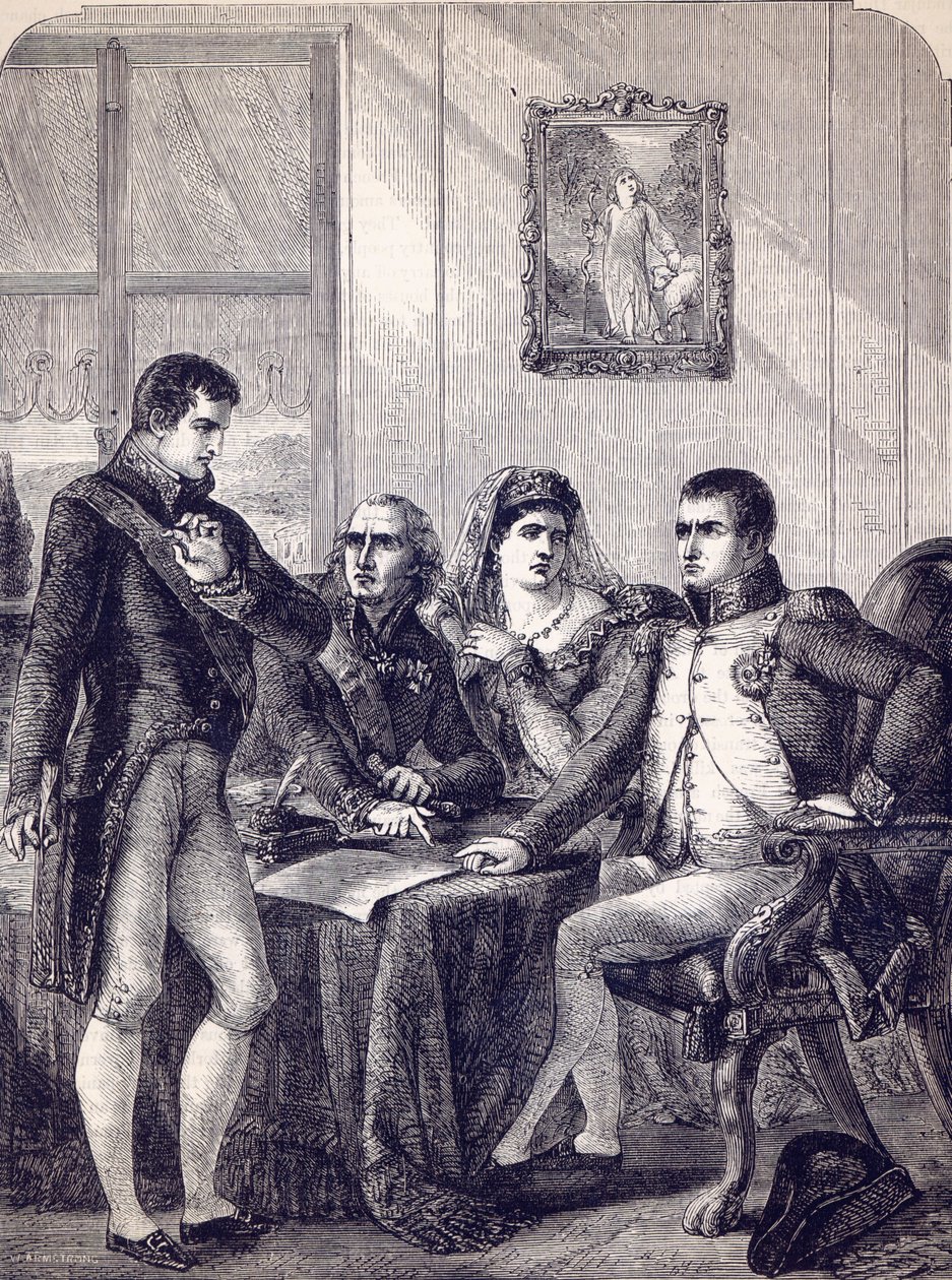 Ferdynand Hiszpanii rezygnujący z korony pod dyktando cesarza Napoleona autorstwa English School
