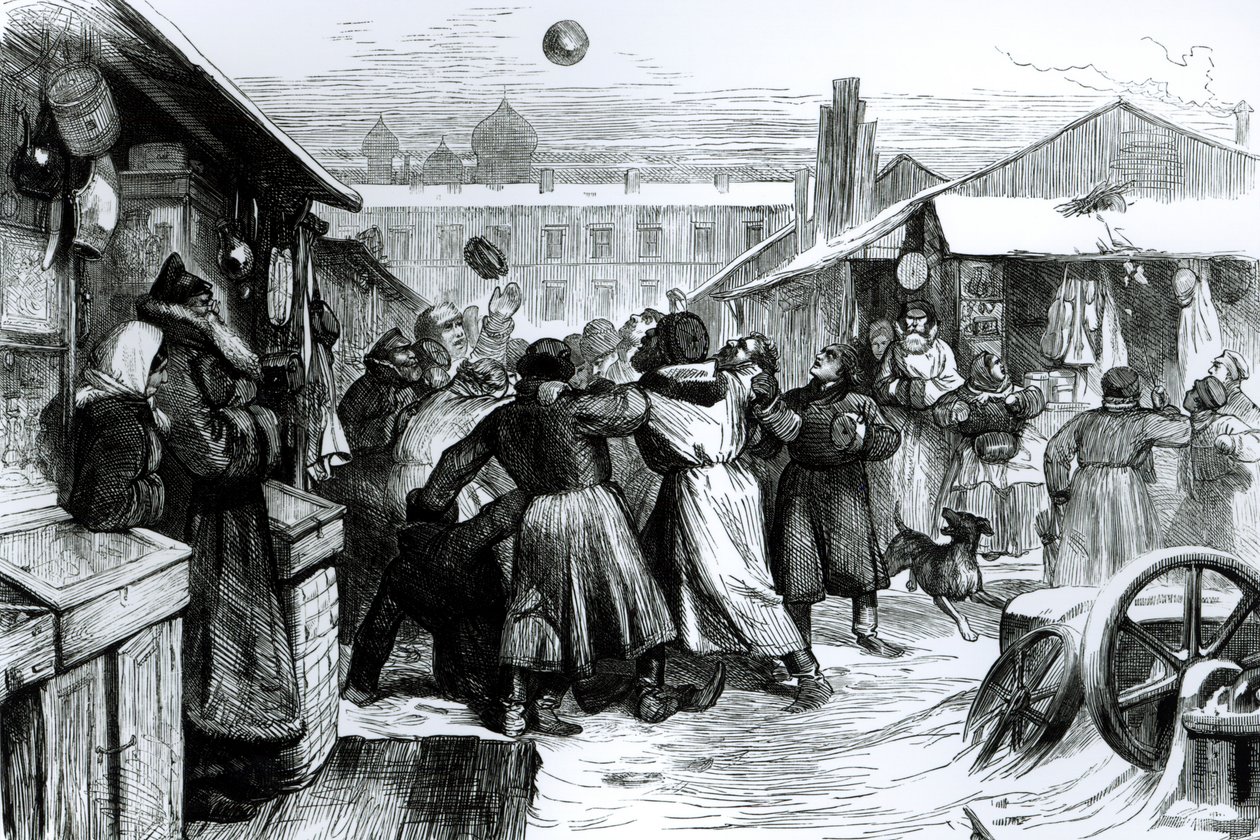 Piłka nożna na Rynku Żydowskim, Sankt Petersburg, z „Illustrated London News”, 1874 1874 autorstwa English School