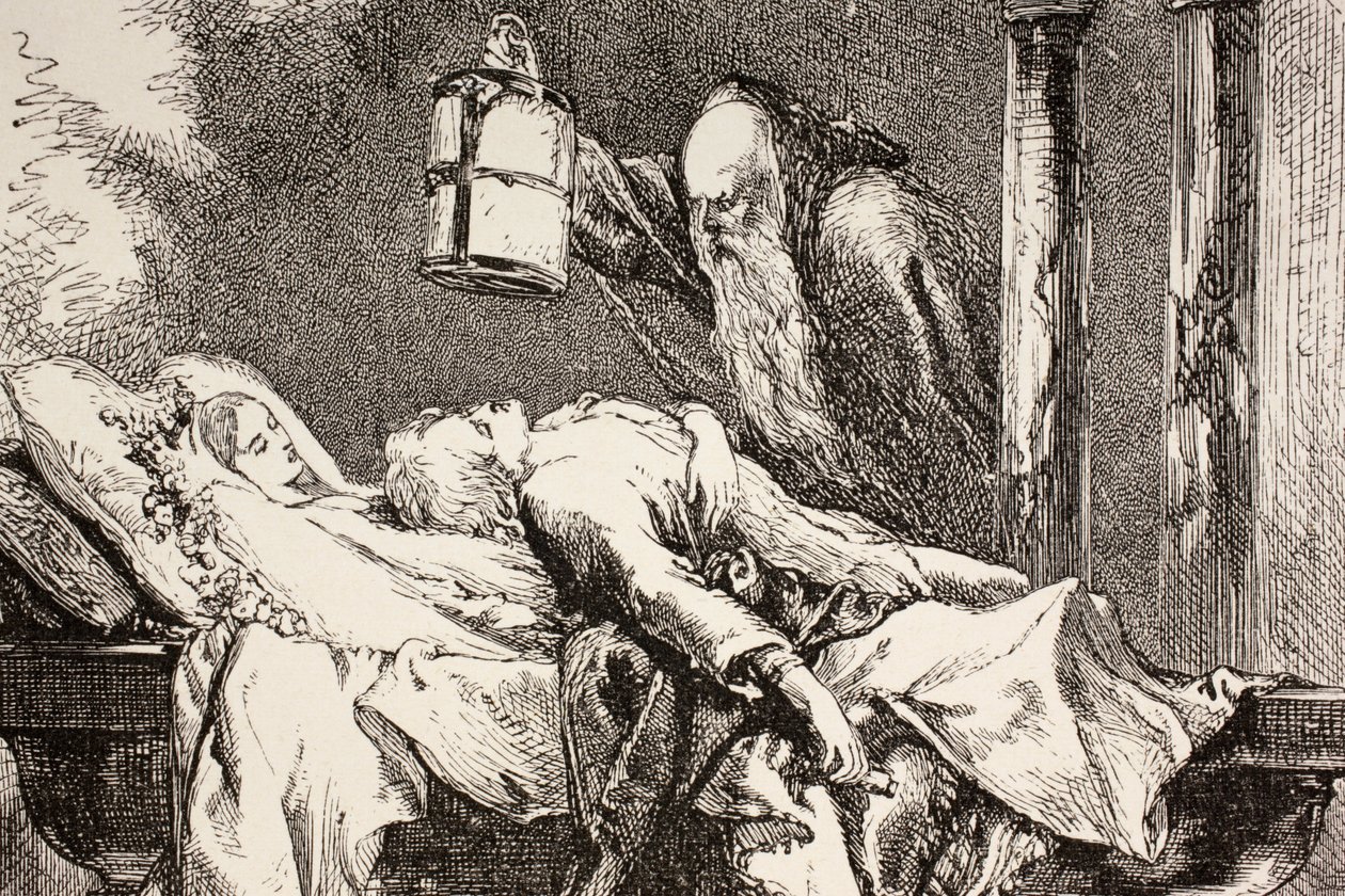 Brat Laurence przybywa do krypty Kapuletów, aby znaleźć martwych Romea, Julię i Paryż, z „The Illustrated Library Shakespeare”, opublikowanej w Londynie 1890 autorstwa English School