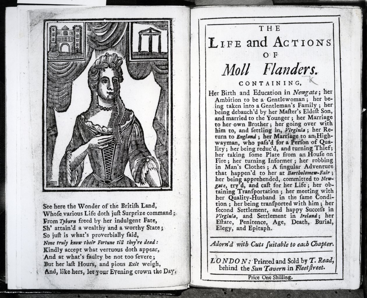 Frontyspis i strona tytułowa „Życia i działań Moll Flanders” Daniela Defoe, wydanej w 1723 r. autorstwa English School