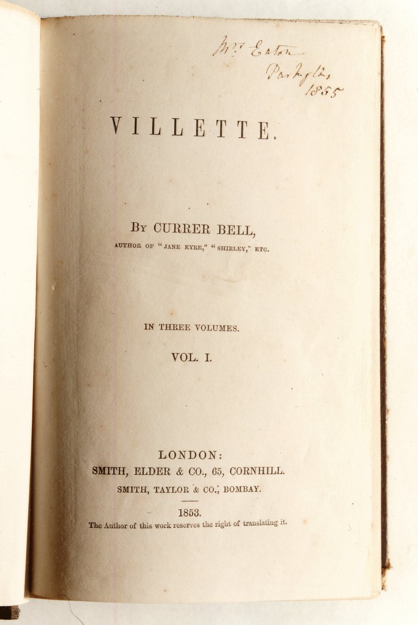 Frontyspis dla Villette autorstwa Currer Bell, opublikowany przez Smith, Elder & Co. w 1853 r. autorstwa English School