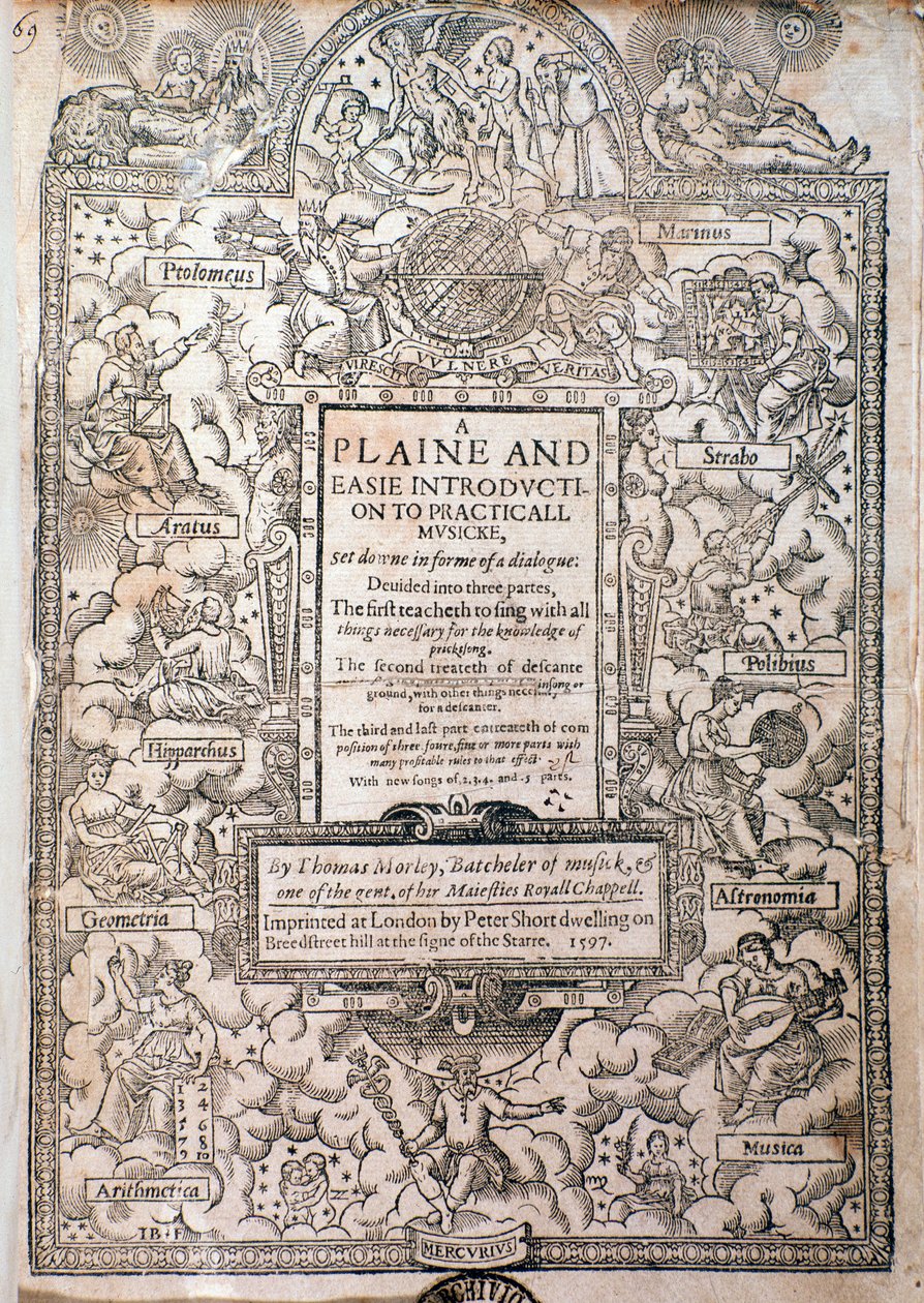 Frontyspis z A Plaine and Easy Introduction to Practicall Musicke autorstwa Thomasa Morleya, Detail, 1597 autorstwa English School