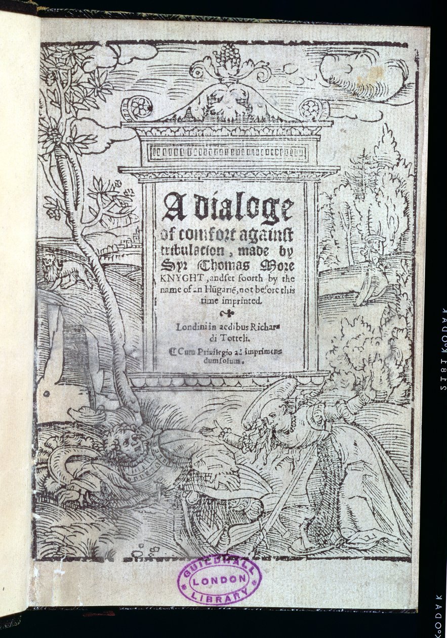 Frontyspis A Dialogue of Comfort Against Tribulation autorstwa Sir Thomasa More (1478-1535) opublikowany 1553 autorstwa English School