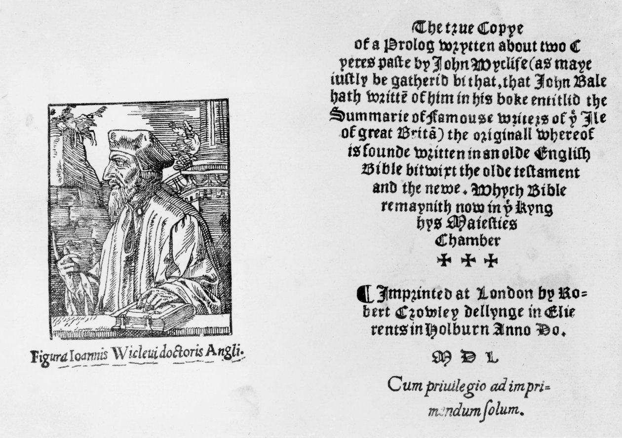 Frontyspis „Podsumowania słynnych pisarzy Wyspy Wielkiej Brytanii” przedstawiający Jana Wiklifa (ok. 1330-84), 1550 autorstwa English School