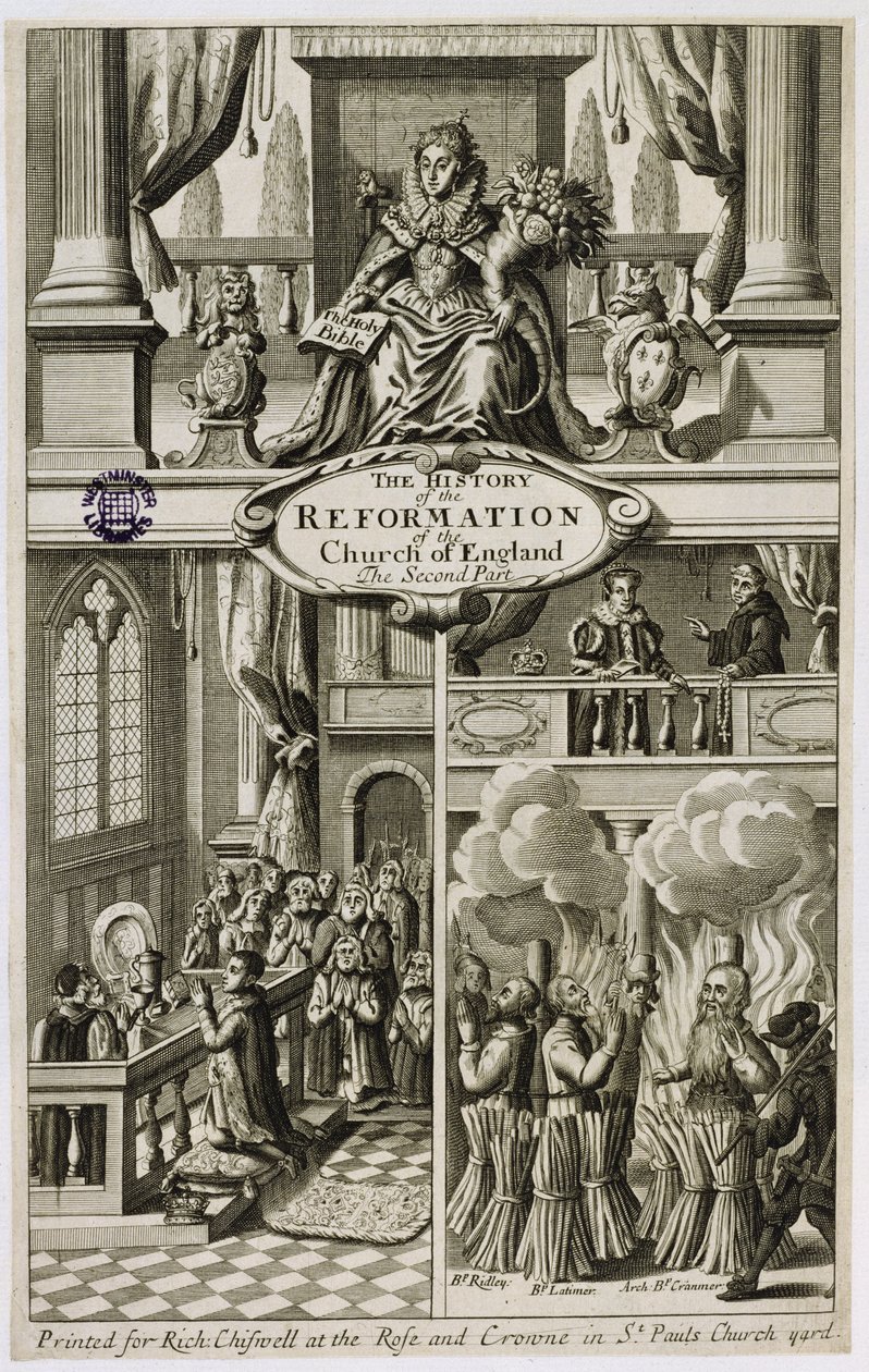 Frontyspis do historii reformacji Kościoła anglikańskiego: druga część autorstwa Gilberta Burneta (1643-1715), wyd. Richarda Chiswella (1639-1711), 1681 autorstwa English School