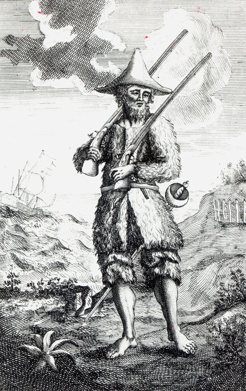 Frontyspis do „The Life and Strange Surprising Adventures of Robinson Crusoe of York, Mariner” Daniela Defoe, 1719 autorstwa English School