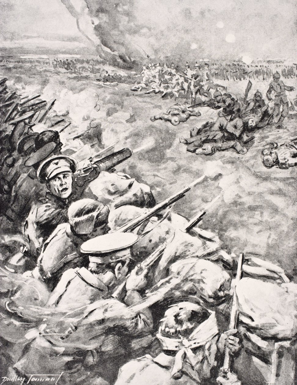 Wojska niemieckie szarżują na brytyjskie okopy, 1915, z „The War Illustrated Album de Luxe”, opublikowanej w Londynie, 1916 autorstwa English School