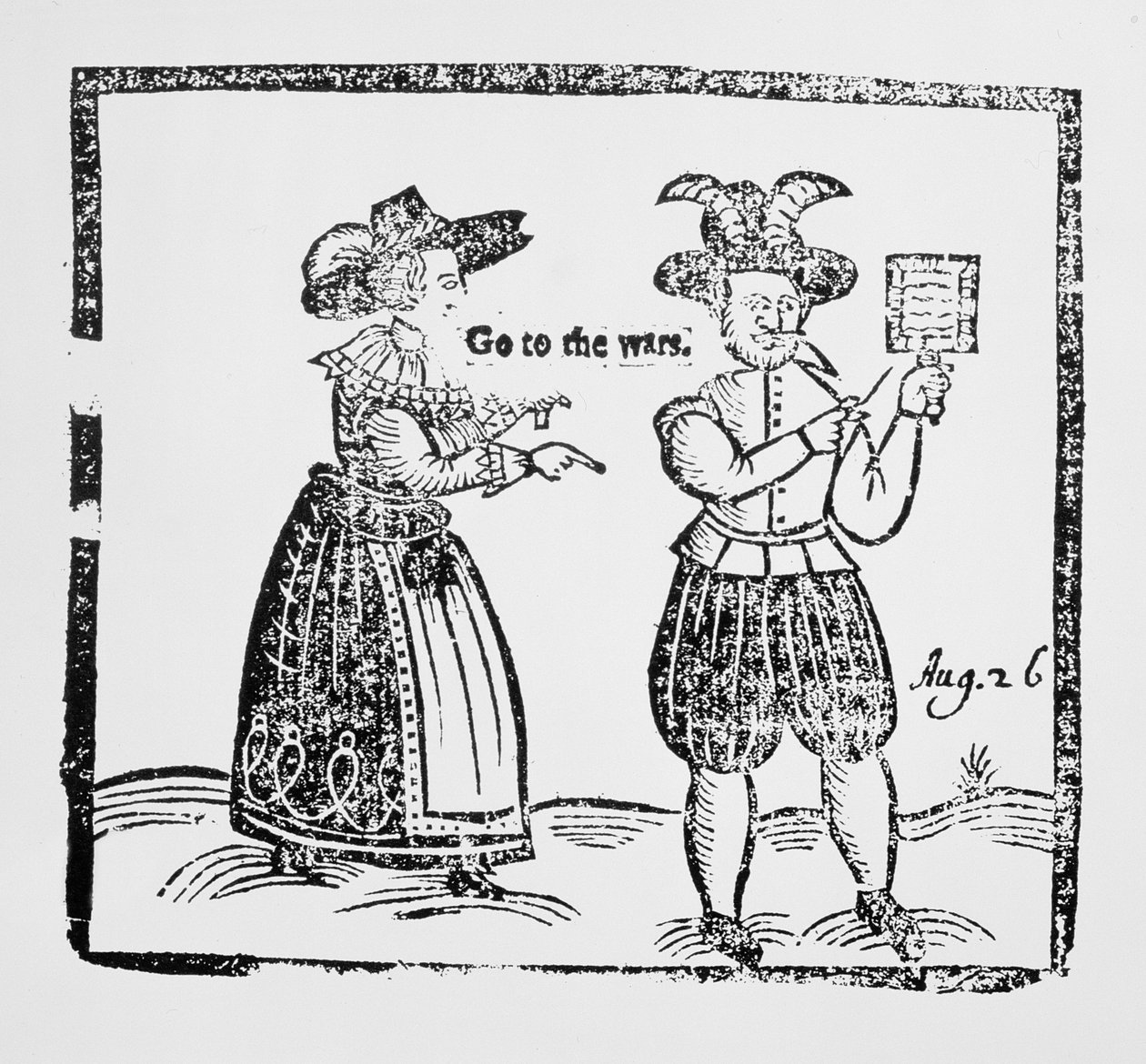 Idź do wojen, ilustracja z broszury przedstawiająca postanowienie londyńskich kobiet wysyłających swoich mężów do walki w wojnie trzydziestoletniej, ok. 1619 autorstwa English School