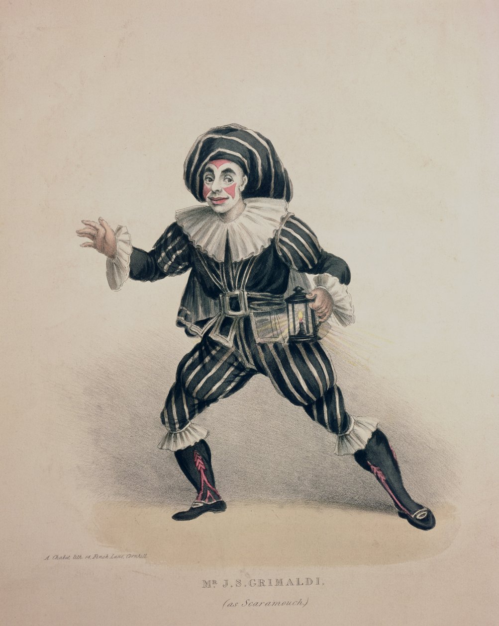 Grimaldi jako Scaramouche, z Commedia dellArte, sztychowany przez A. Chabota, XIX w. (rycina ręcznie kolorowana) autorstwa English School
