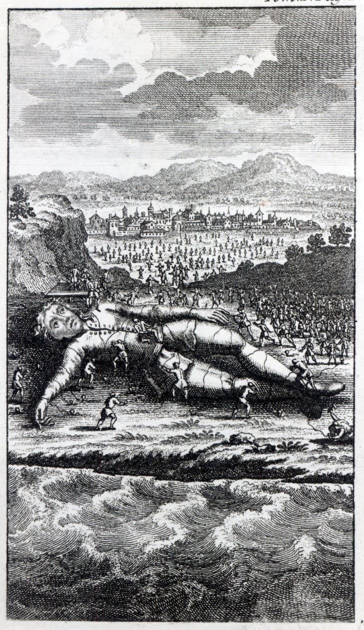 Guliwer schwytany przez Lilliputów, ilustracja z „Podróży Guliwera” Jonathana Swifta autorstwa English School