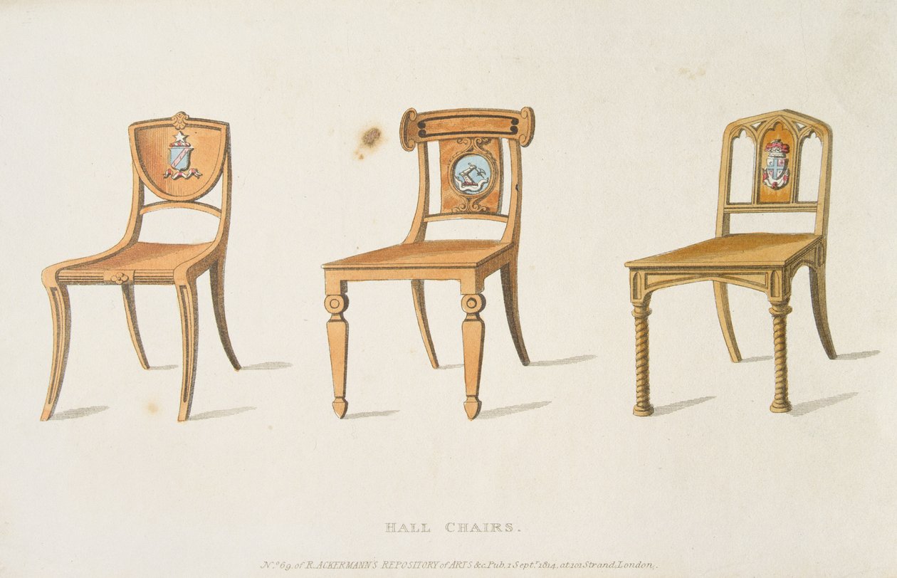 Krzesła przedpokojowe, płyta 67 z Ackermanns Repozytorium Sztuki, Literatury, Handlu, Manufaktur, Mody i Polityki, wyd. 1814 autorstwa English School