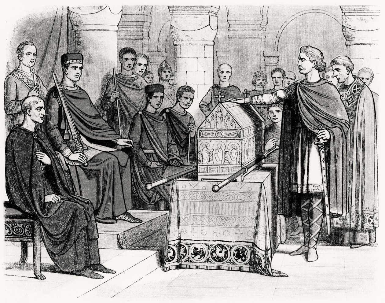 Harold II (ok. 1022-66) Przysięga przysięgi utrzymania dziedzictwa tronowego Wilhelmowi I Zdobywcy (ok. 1028-87) Edwarda Wyznawcy (ok. 1003-66), ok. 1064 autorstwa English School