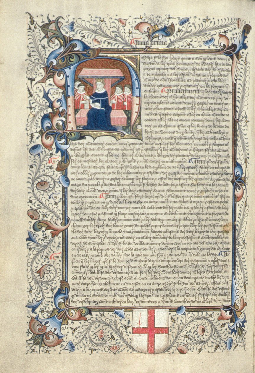 Henryk V (1387-1422) i niektórzy dworzanie przedstawieni w inicjale H, z Cartae Antiquae, koniec XV wieku autorstwa English School