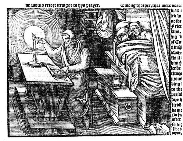 Hugh Latimer (ok. 1485-1555) trzymający palec w płomieniu świecy, z Dziejów i pomników autorstwa Johna Foxe
