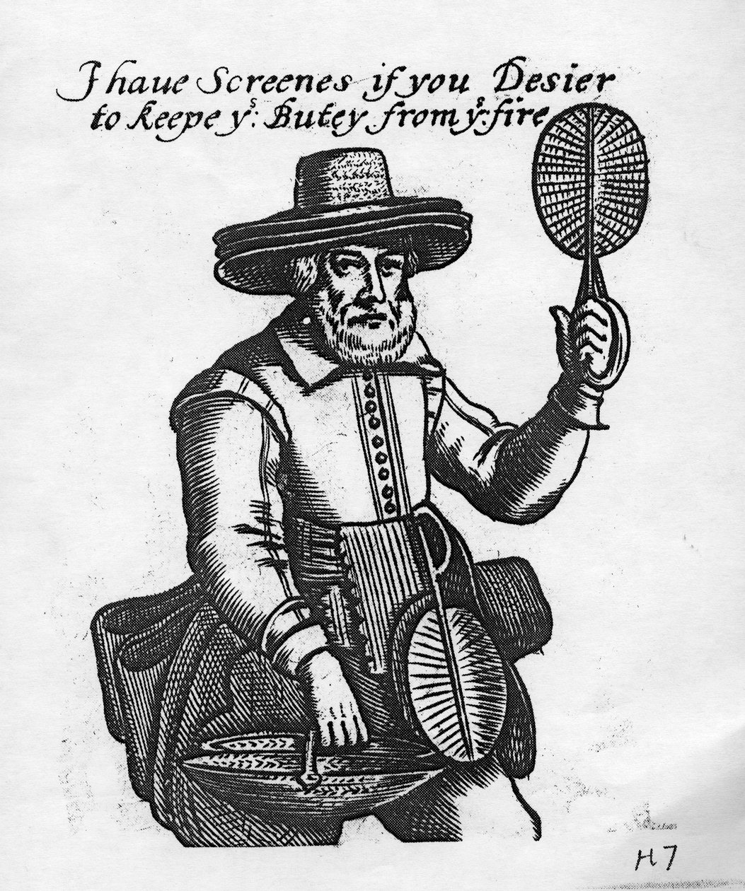 „Mam ekrany, jeśli chcesz zachować buty przed ogniem”, sprzedawca ekranów przeciwpożarowych, c.1680 autorstwa English School