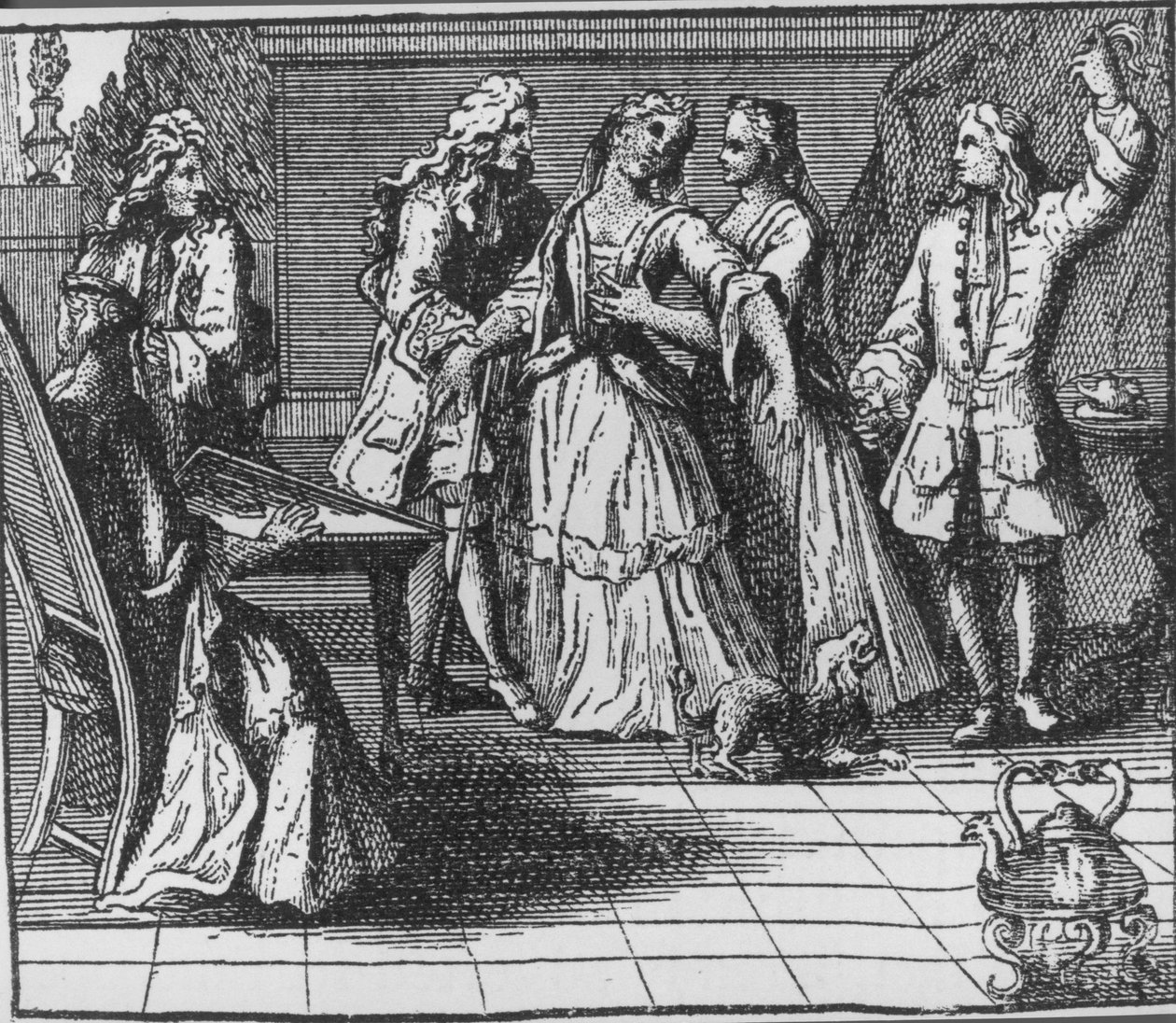 Ilustracja z „Gwałtu na śluzie” Aleksandra Pope (1688-1744) 1714 autorstwa English School